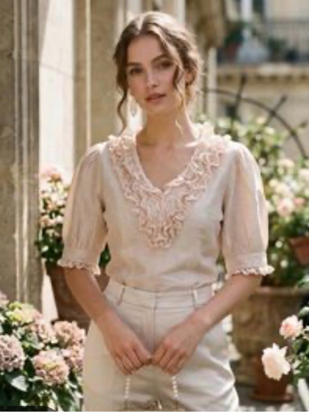 Caroline Constas Pink Lace-Trim V-Neck Women's Top in Blush